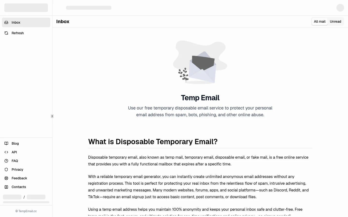 TempEmail.cc 홈 화면 스크린샷